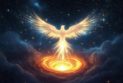 The primary subject of the image is a bird, specifically a phoenix, with its wings spread wide. The bird is surrounded by a vibrant and colorful environment, with a backdrop of a starry night sky. The visual style of the image is a combination of digital art and illustration, creating a dynamic and captivating scene. The colors and mood of the image are lively and energetic, with the phoenix's wings and the starry night sky contributing to the overall atmosphere.